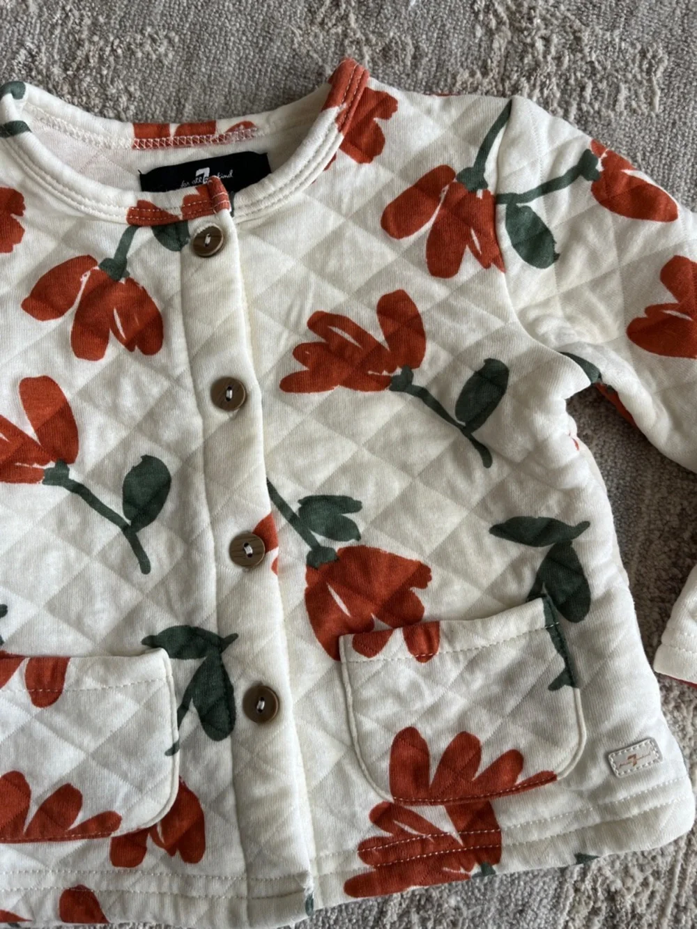 7 For All Mankind Cream Quilted Jacket with Rust Floral Print